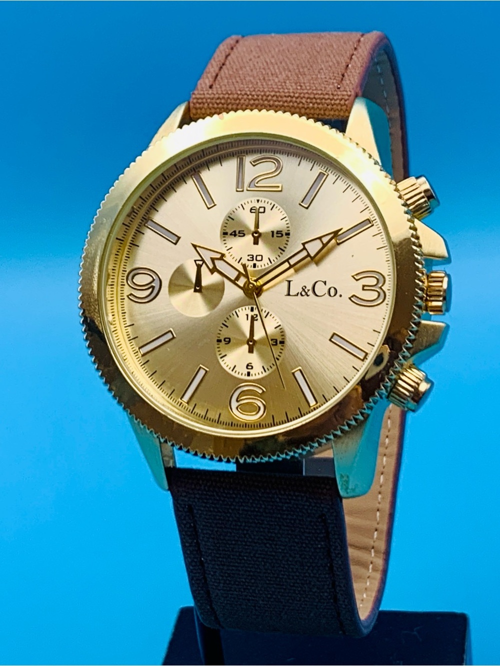 L&CO. Fashion Sport Quartz Wristwatch Faux Subdials Gold Tone Finish Working